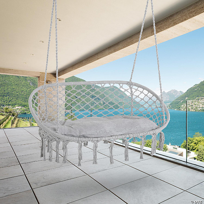 Outsunny 2-Person Hammock Chair Macrame Swing with Soft Cushion Hanging Cotton Rope Chair for Indoor Outdoor Home Patio Backyard Grey, Light Grey