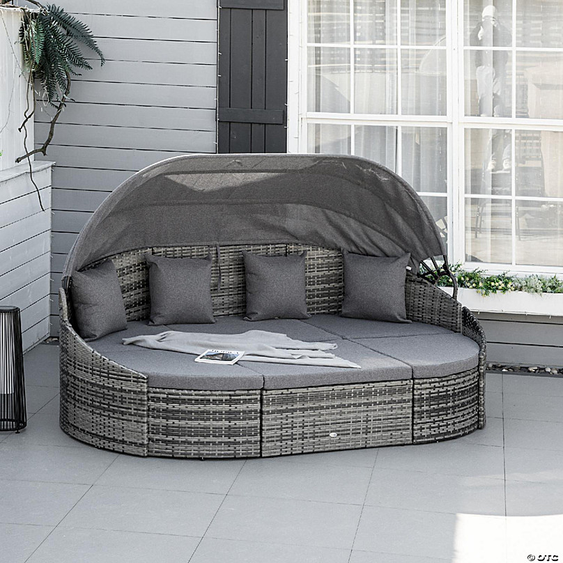Outsunny 4 Pieces Patio PE Wicker Lounge Set Outdoor Rattan Garden Conversation Furniture Set Round Sofa Bed with Cannopy Cushioned and Grey | Oriental Trading