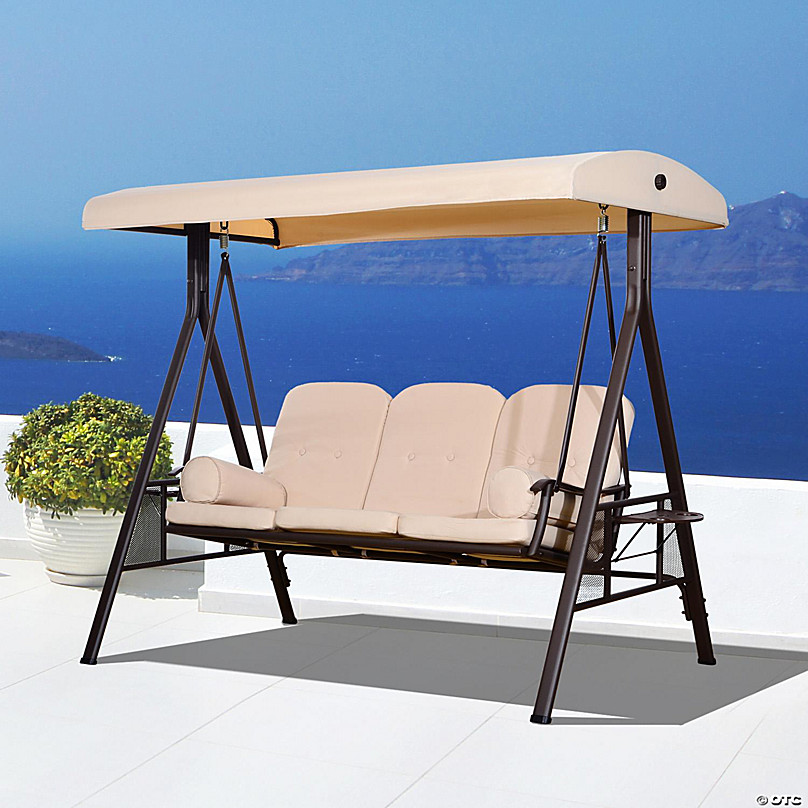 Outsunny Outdoor Patio 3 Person Steel Canopy Cushioned Seat Bench Swing Included Side Trays and Padded Comfort Beige