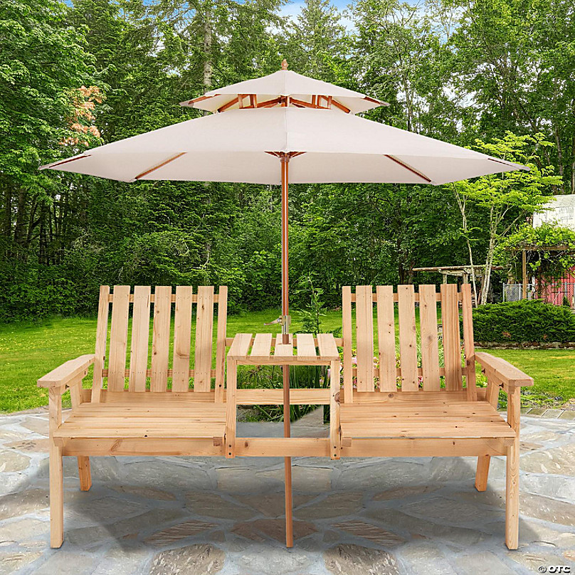 Wooden bench with table in online middle