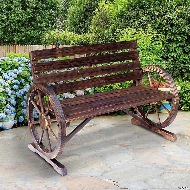 Outsunny Wooden Wagon Wheel Bench, Rustic Outdoor Patio Furniture, 2-Person  Seat Bench for Backyard, Patio, Garden, 41.5 x 23.25 x 29.5, Brown