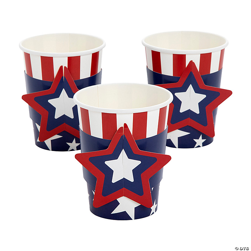 Patriotic Star Red, White & Blue Paper Party Cups with Sleeves - 8