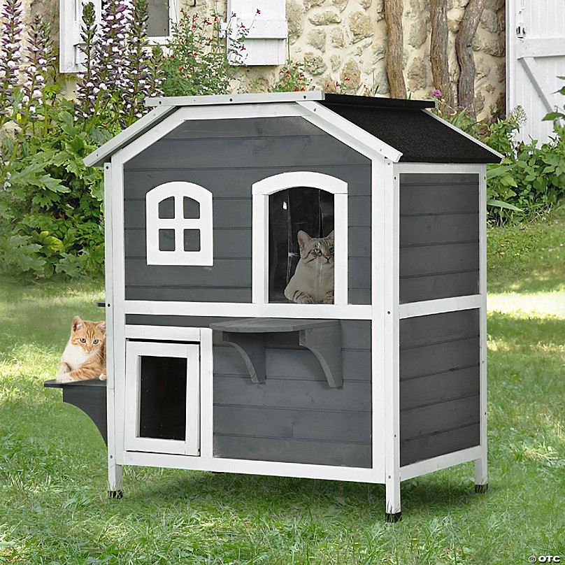 PawHut Fir Wood 2 Story Outdoor Cat House Wooden Feral Cat Shelter with  Openable Asphalt Roof for Indoor/Outdoor Grey | Oriental Trading