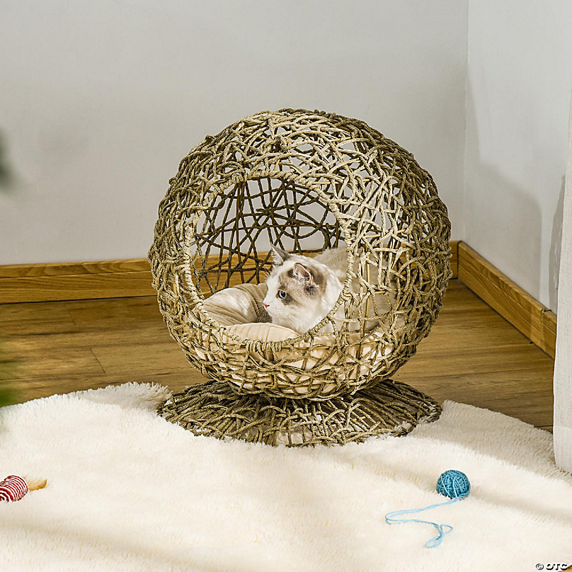 PawHut Rattan Elevated Cat Bed Kitty Ball with Comfortable Soft Cushion  Wicker Construction and Round Base Brown