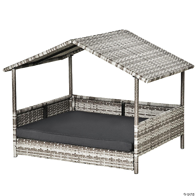 PawHut Wicker Dog Cave Bed with Adjustable Canopy Pet House Shelter for Small Dogs with Cushion Indoor Outdoor, Grey