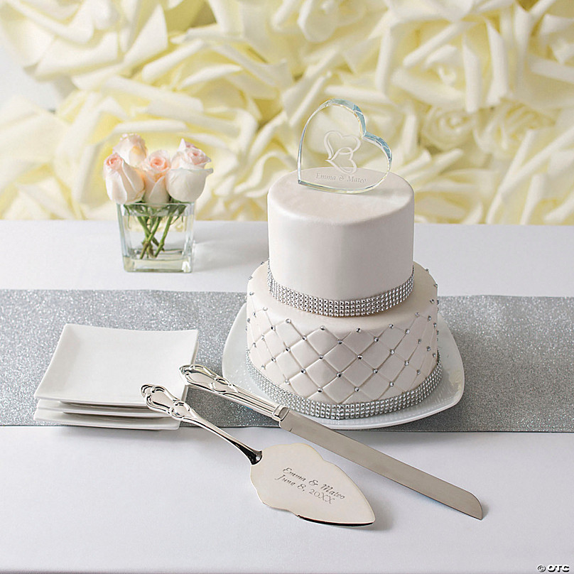 Personalized Wedding Cake Knife, Server and Fork Set - White