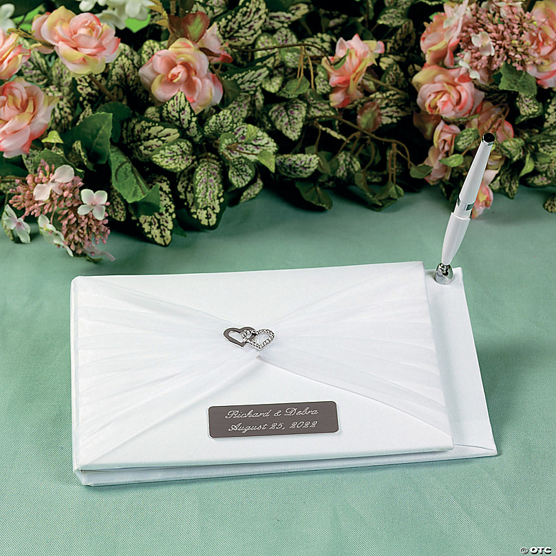 Double Heart Bow Rhinestone Wedding Ceremony Satin Guest Book and Pen Set 