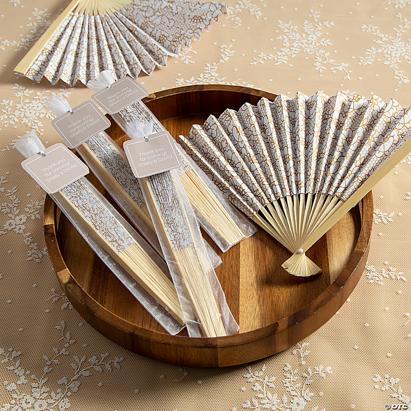 Gold Stripe Folding Hand Fans with Personalized Handles - 12 Pc.