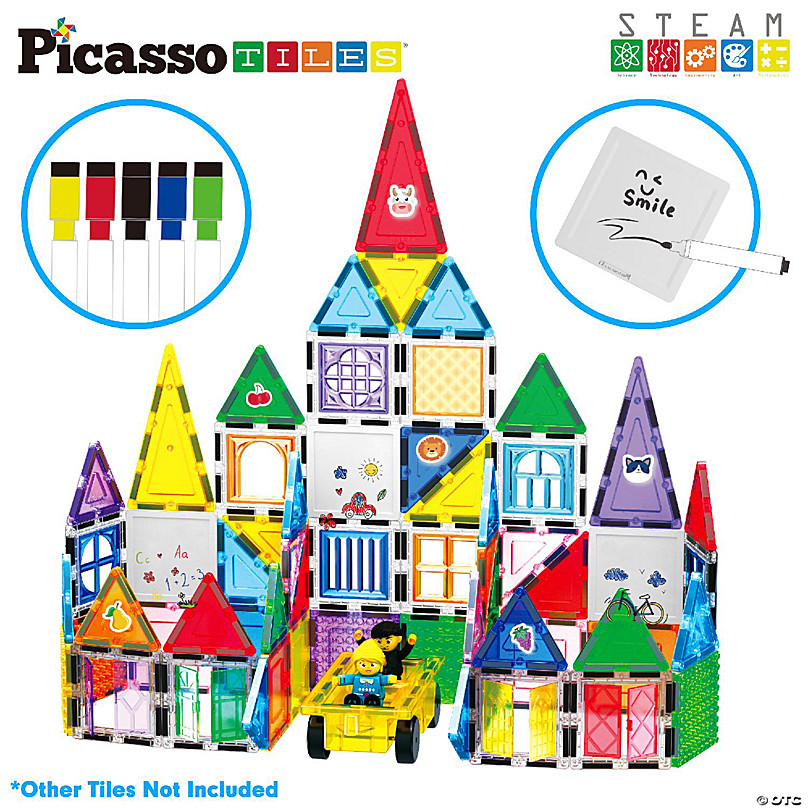 PicassoTiles 13 Piece Canvas Tiles Whiteboard Magnetic Building Tiles & 5  Marker Pens PTE14