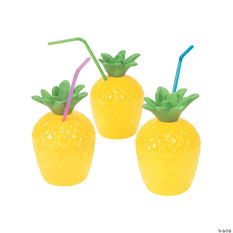 Zodaca 12 Pack Plastic Pineapple Cups with Lids and Straws for Hawaiian Party (10 oz)