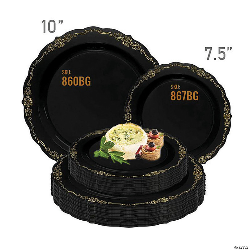 Classic Black Design Plastic Bowls - Gold Rim 10 Ct.