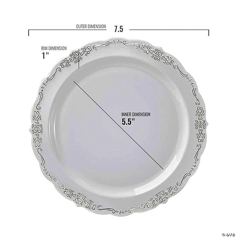 Clear with Silver Vintage Rim Round Disposable Plastic Salad Plates (7.5)