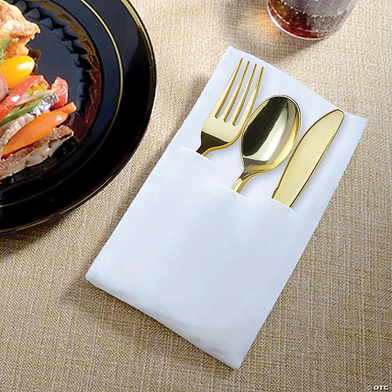 Visions Heavy Weight Elegant Gold Cutlery Set with White Linen-Feel Pocket  Fold Dinner Napkin - 50/Case