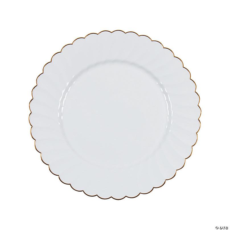 25 Ct. Premium White Elegance Plastic Dessert Plates With Scalloped Gold Trim 