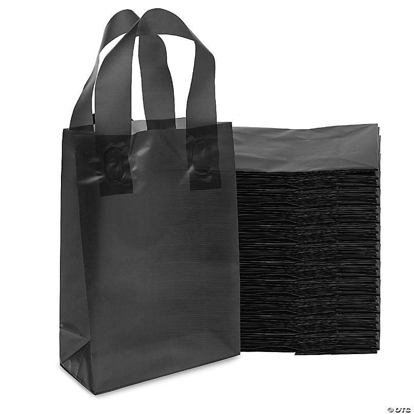Prime Line Packaging Plastic Gift Bags, Black Gift Bags with Handles, Favor Bags 10x5x13 100 Pack