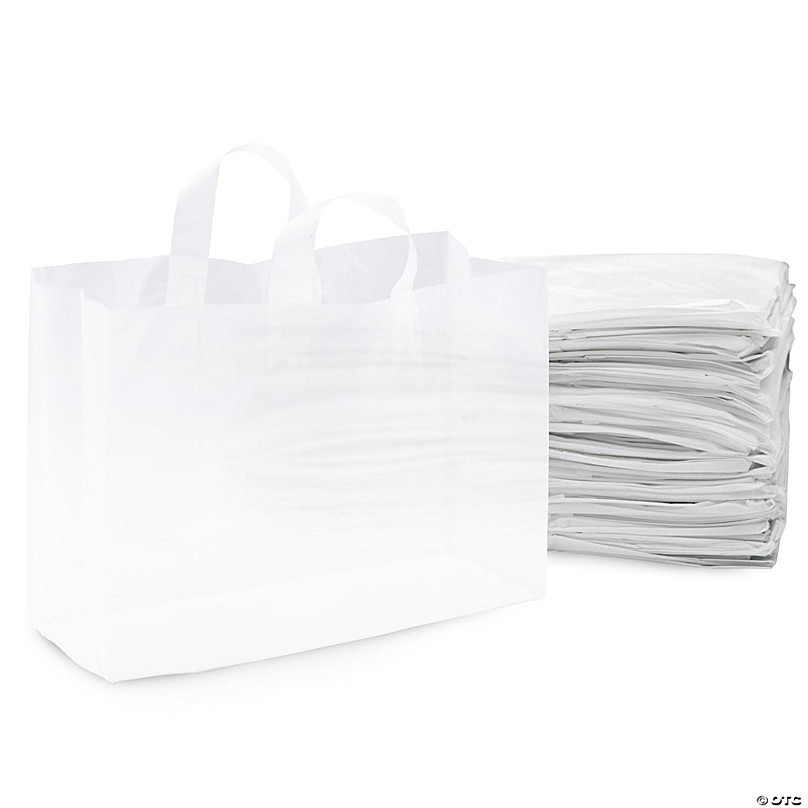 Plastic Bags with Handles - 10x5x13 Inch 100 Pack Medium Frosted White Gift  Bags with Cardboard Bottom, Clear Shopping Totes in Bulk for Retail
