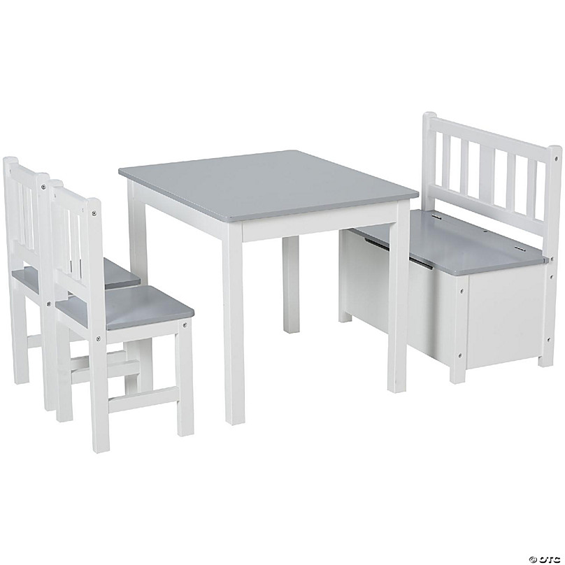 HOMCOM 4-Piece Kids Table and Chair Set with 2 Wooden Chairs 1 Storage Bench and Interesting Modern Design Grey/White 