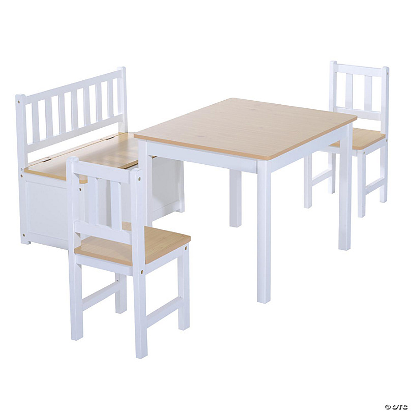 4-Piece Kids Table Set with 2 Wooden Chairs, 1 Storage Bench, and Inte