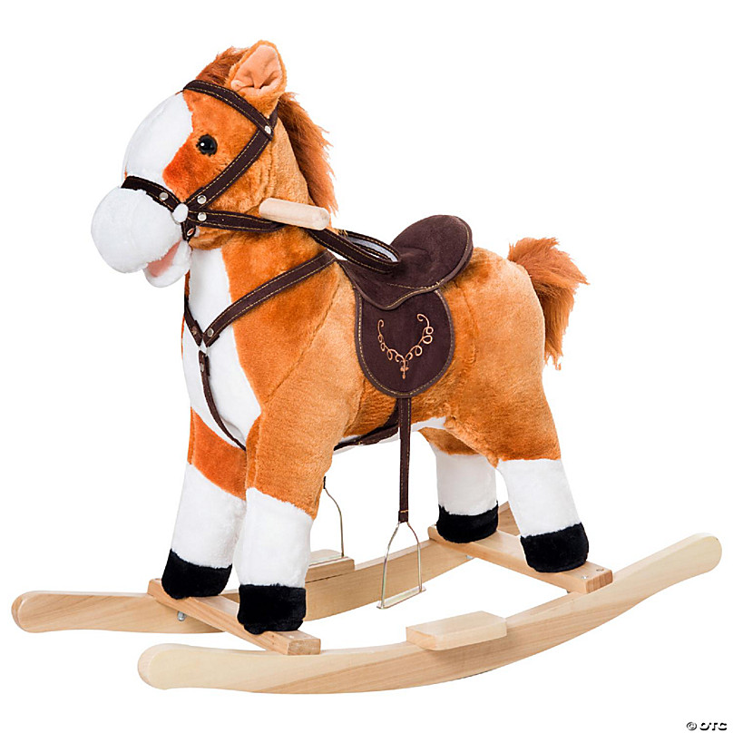 Brown Kids Plush Wooden Rocking Horse Toy with Saddle Metal Stirrups Sounds 