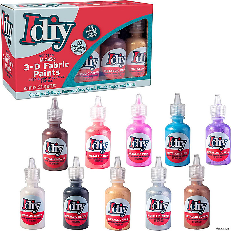 Idiy Fabric Paints, Set of 60 Colors, (1oz bottles) Bright 3D Fabric Paint - Includes Glitter, Metallic, Glow, Neon, 5 Stencils, 3 Brushes, Non-Toxic