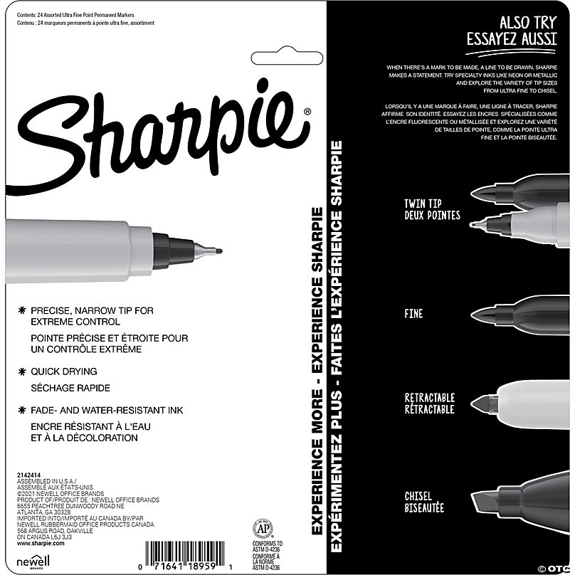 Sharpie Permanent Marker, Ultra Fine Point, Assorted Colors, 24 ct