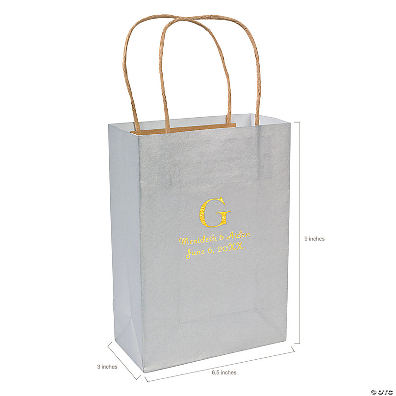 Gold Medium Personalized Monogram Welcome Paper Gift Bags with Silver Foil  - 12 Pc.