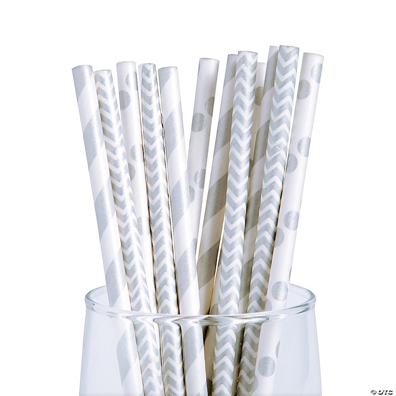 Silver & White Striped Paper Straws