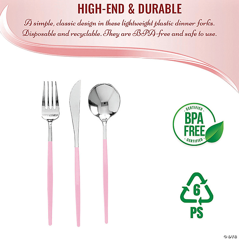 240ct Silver with Pink Handle Moderno Disposable Plastic Cutlery Set Spoons, Forks and Knives (240 Guests)