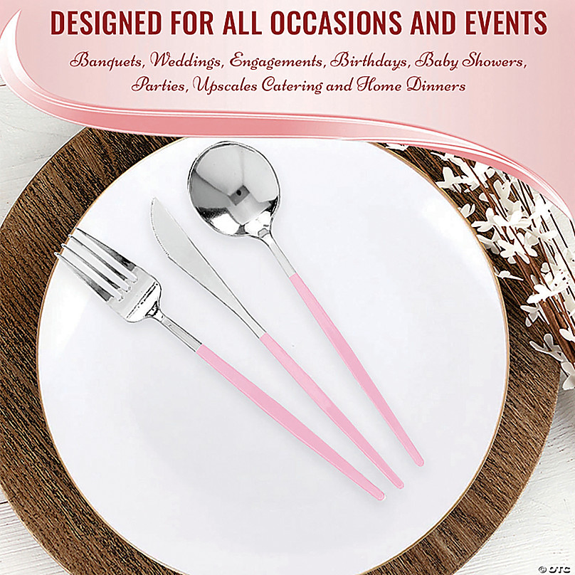 240ct Silver with Pink Handle Moderno Disposable Plastic Cutlery Set Spoons, Forks and Knives (240 Guests)