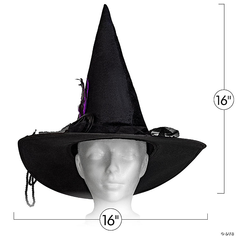 Skeleteen Deluxe Pointed Witch Hat - Glamorous Black Witches Accessories  Fancy Velvet Hat with Flowers, Beads and Purple Feathers