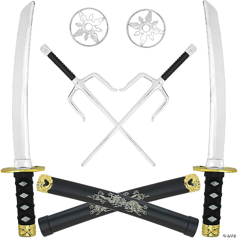 Skeleteen Ninja Weapons Toy Set Fighting Warrior Weapon Costume Set with Katana Swords, Daggers, and Stars - 6 Pieces | Oriental Trading
