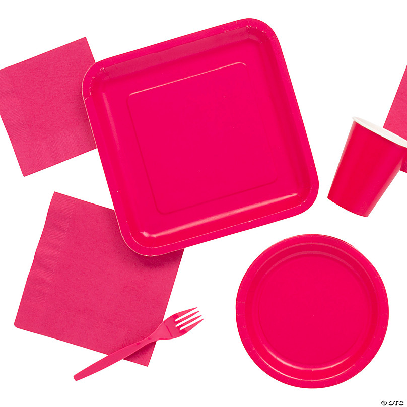 Plates and Napkins Bundle of Fun Neon Pink Solid Color Party Supply Kit