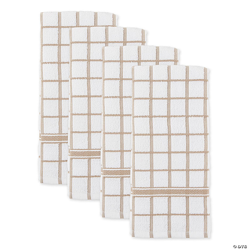 Set of 4 Stone Brown & White Windowpane Terry Dish Towel, 26