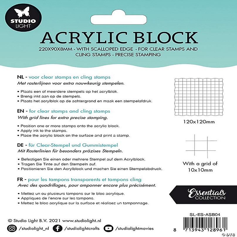 Studio Light • Essentials Acryl Stamp Block for Clear and Cling Stamps with  Grid 12x12x0.8cm Nr.04
