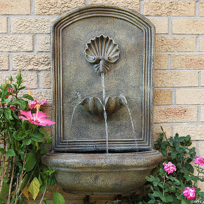 Sunnydaze 27H Electric Polystone Seaside Outdoor Wall-Mount Water Fountain,  Florentine Stone Finish