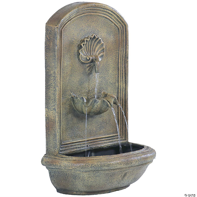 Sunnydaze 27H Electric Polystone Seaside Outdoor Wall-Mount Water Fountain,  Florentine Stone Finish