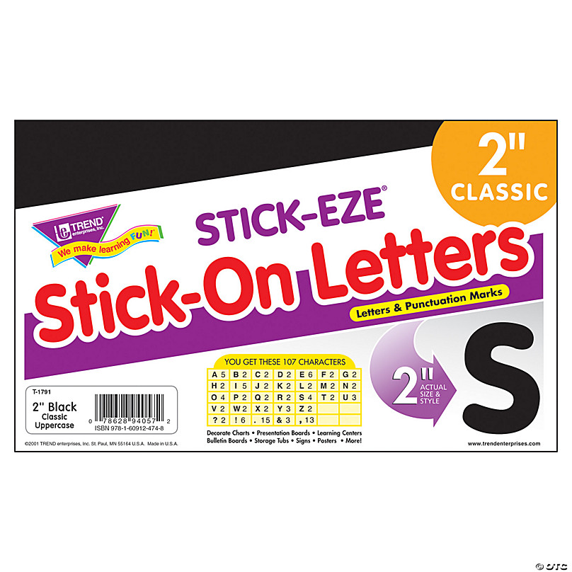 TREND Black 2 STICK-EZE® Stick-On Letters, 107 Pieces Per Pack, 6 Packs