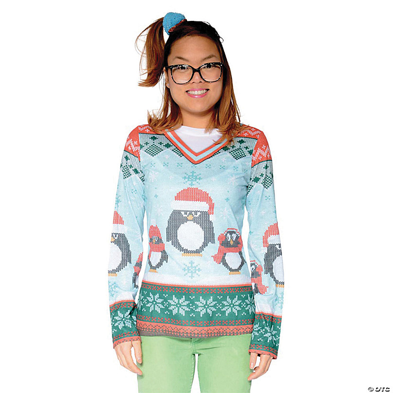 Adult Penguins Ugly Christmas Sweater | Adult | Unisex | Blue/Orange/Green | 3X | Fun Wear