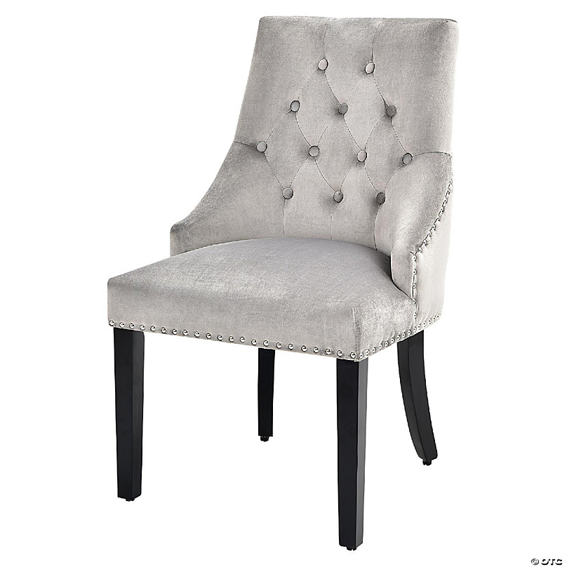 Velvet Dining Chair Upholstered Tufted Armless w/ Nailed Trim & Ring Pull  Grey