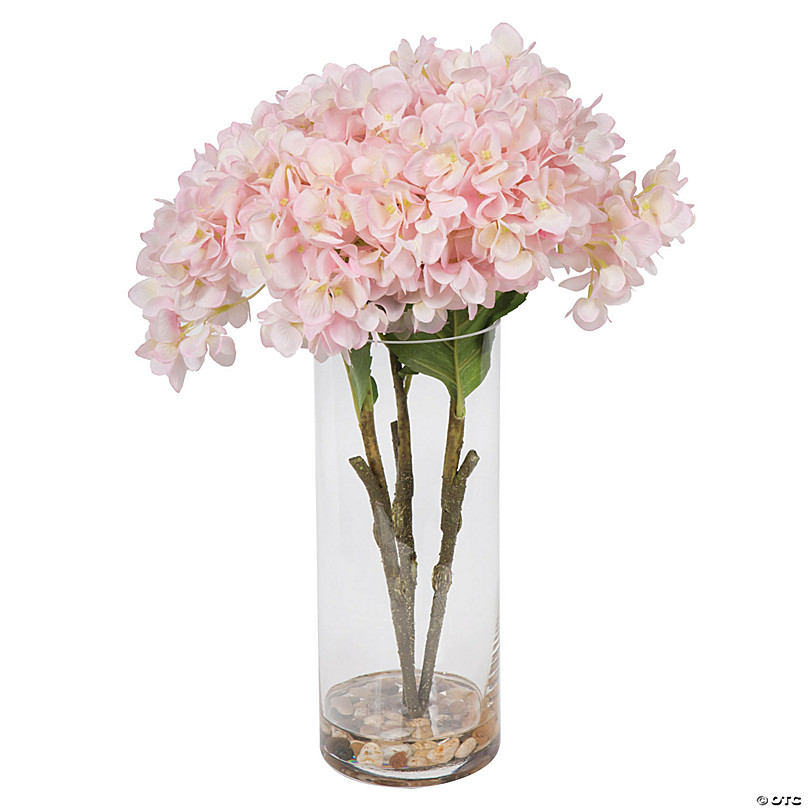 Featuring Realistic Flowers Made of a Durable Polyester and polyethlene Blend Set in Acrylic Water Vickerman 18 Artificial Pink Hydrangea Bouquet in 10 Glass Vase Recommended for Indoor Use. 