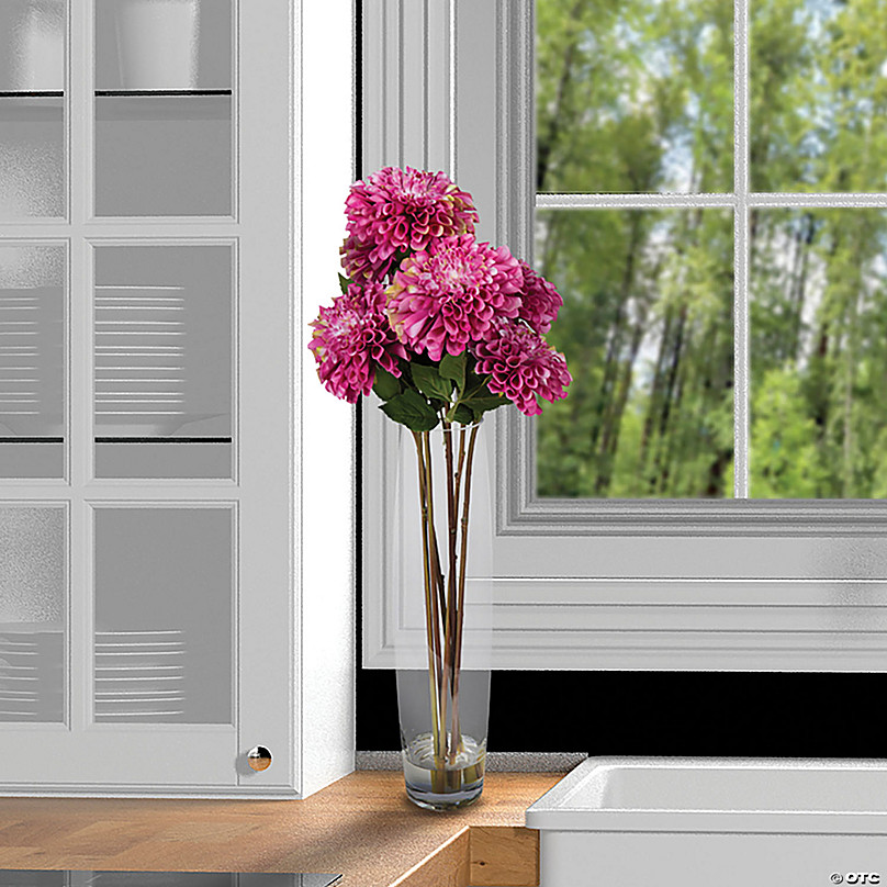 Featuring Realistic Flowers Made of a Durable Polyester and polyethlene Blend Set in Acrylic Water Vickerman 23 Artificial Pink Zinnia Bouquet in 16 Glass Vase Recommended for Indoor Use.