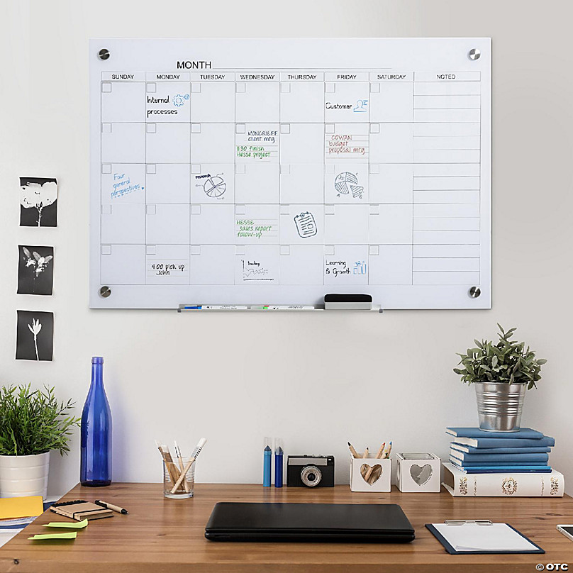 Vinsetto 35x23 Dry Erase Wall Calendar Glass Whiteboard Monthly Planner for Homeschool Supplies & Home Office Organization with 4 Markers and 1