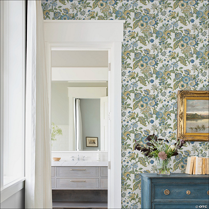 Waverly graceful garden peel & stick wallpaper blue | Oriental Trading