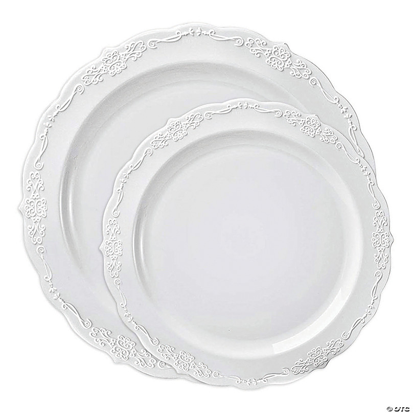 White Plastic Dinner Plates with Silver Scalloped Rim