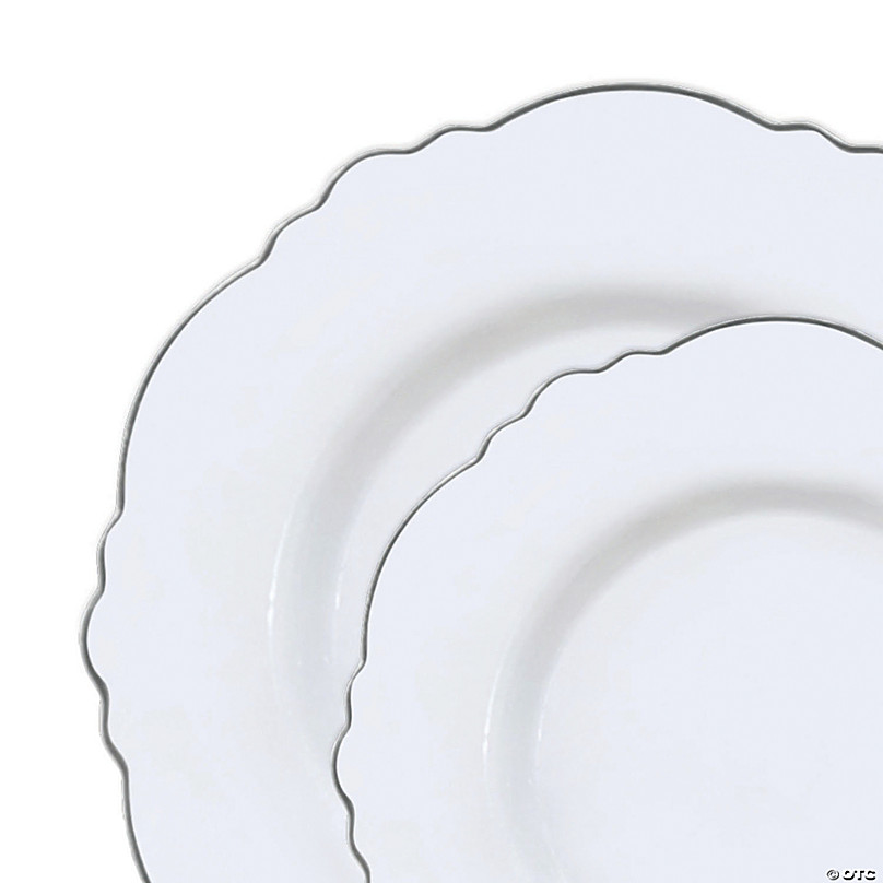 White Plastic Dinner Plates with Silver Scalloped Rim