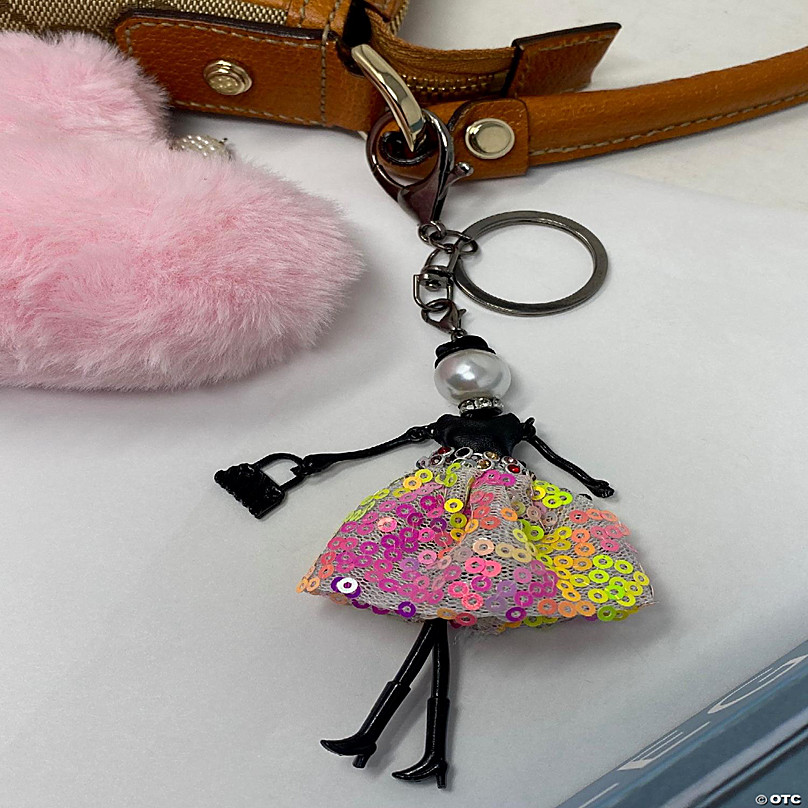 Wrapables Hanging Fashionista Doll Keychain, Crystal Rhinestone Keyring Bag Charm Pink & Yellow Sequins