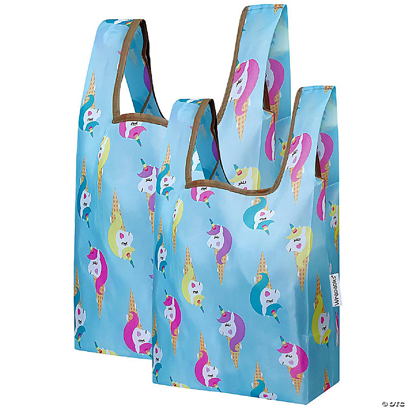 Wrapables Large & Small Foldable Tote Nylon Reusable Grocery Bags, Set of 2 Cool Felines