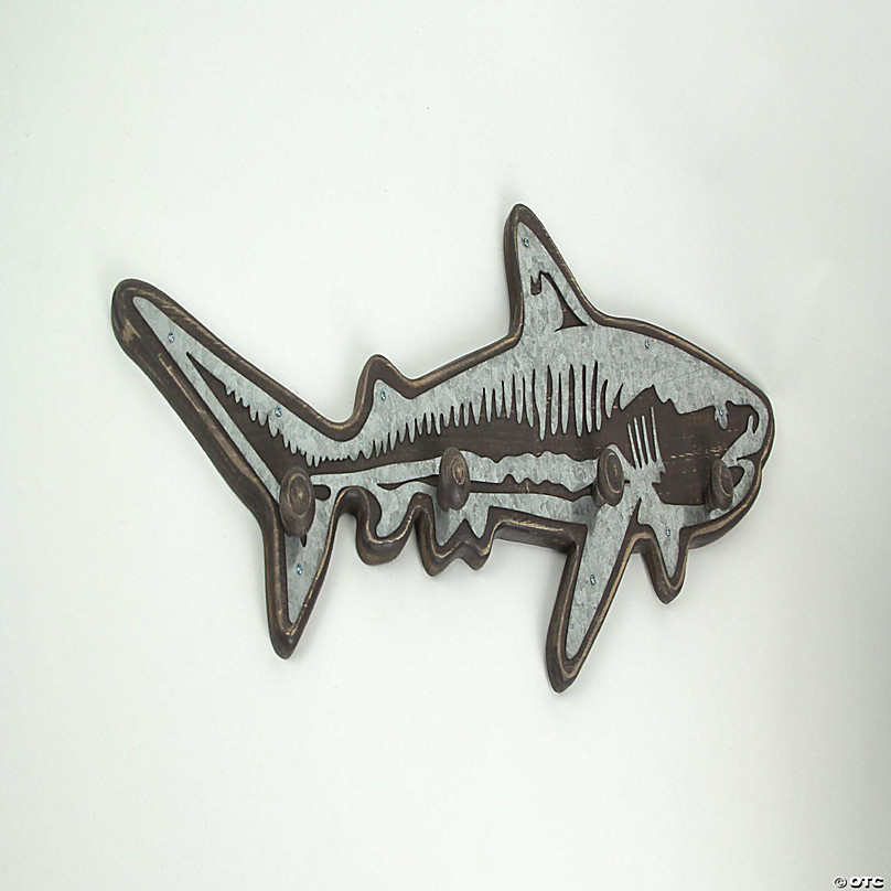 Zeckos 33 Inch Distressed Wood Shark Wall Hook Rack With Metal Accents  Decorative Ocean Décor Art Sculpture