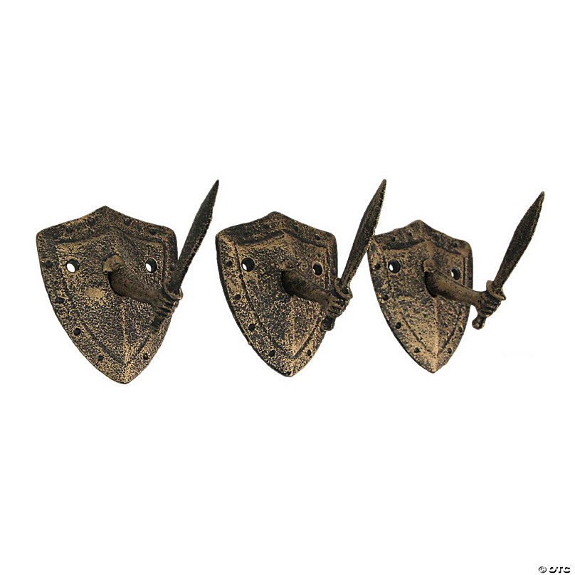 Zeckos Cast Iron Bronze Sword & Shield Decorative Wall Hooks Towel Hanging  Key Holder Set of 3