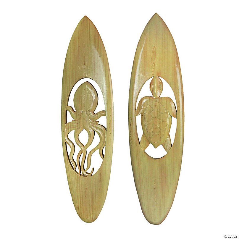 Zeckos Set of Hand Carved Cut-Out Wooden Surfboard Wall Décor Hangings 32  Inch Octopus and Sea Turtle